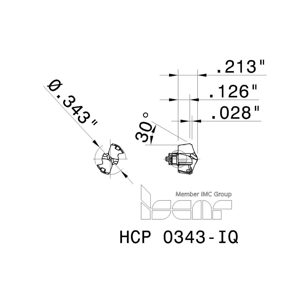 Iscar Replaceable Drill Tips: HCP 0343-IQ IC908, 0.3430" Dia, 8.71 mm Dia, 134 deg Point,  IC908 - 5567928