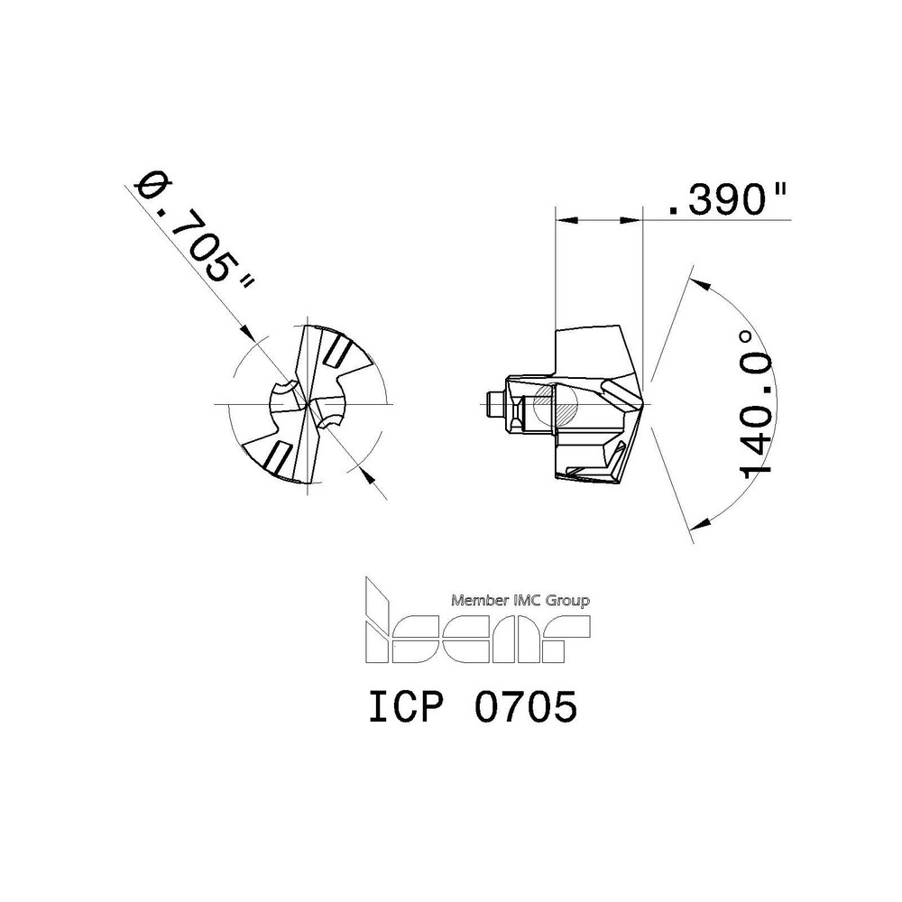 Iscar Replaceable Drill Tips: ICP0705 IC908, 0.7050" Dia, 17.91 mm Dia, 140 deg Point,  IC908 - 5508580