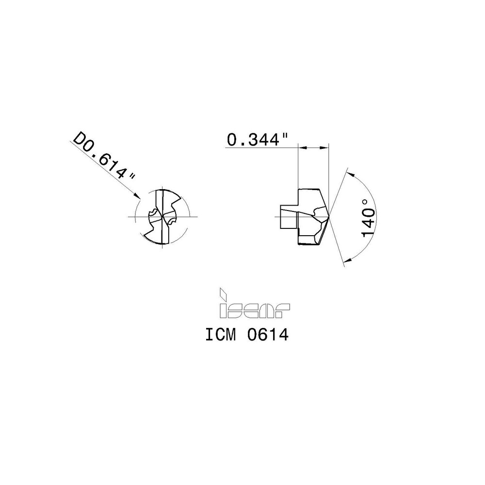 Iscar Replaceable Drill Tips: ICM0614 IC908, 0.6140" Dia, 15.60 mm Dia, 140 deg Point,  IC908 - 5508461