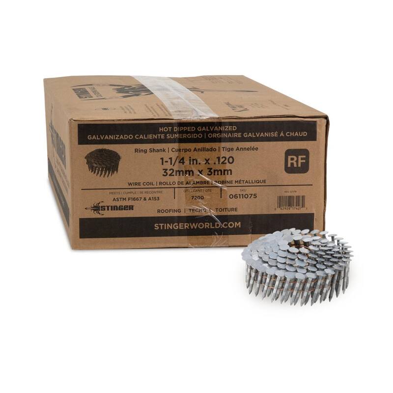 Stinger 1-1/4 in. x 0.120-Gauge Hot Dipped Galvanized Ring Shank Wire Coil Roofing Nails (7200 per Box) - 0611075