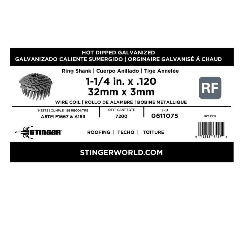 Stinger 1-1/4 in. x 0.120-Gauge Hot Dipped Galvanized Ring Shank Wire Coil Roofing Nails (7200 per Box) - 0611075