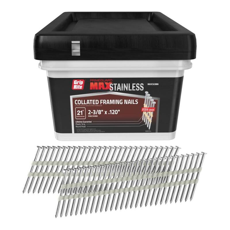 Grip-Rite 2-3/8 in x .120 in 21° Plastic Collated 304 Stainless Steel Ring Shank Round Checkered Head Framing Nails 1000 per Box - MAXC62886