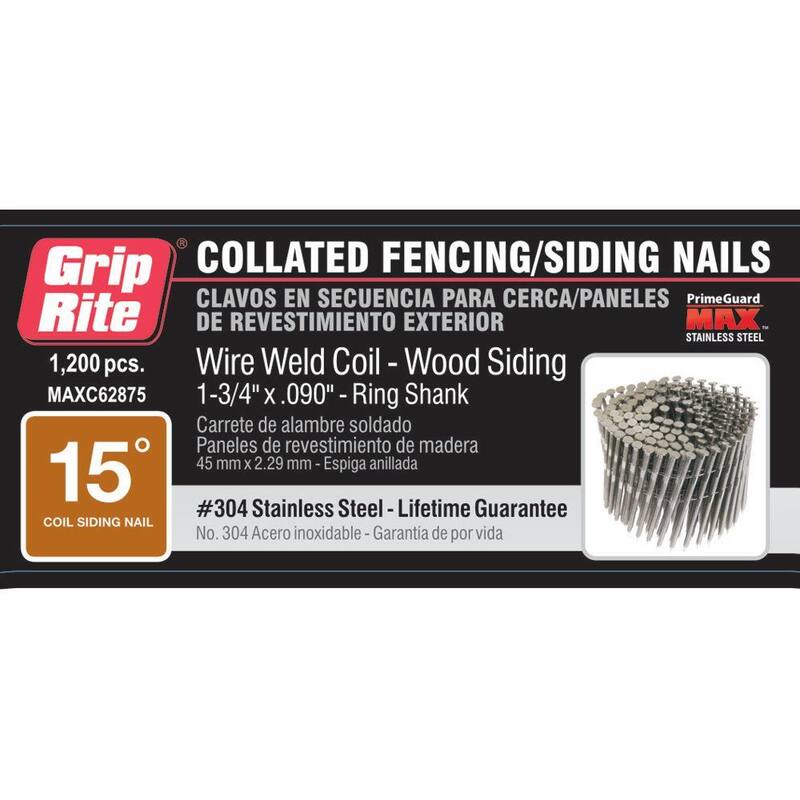 Grip-Rite 1-3/4 in. x 0.090 in. 15° Wire Collated 304 Stainless Steel Ring Shank Fencing Nail 1200 per Box - MAXC62875