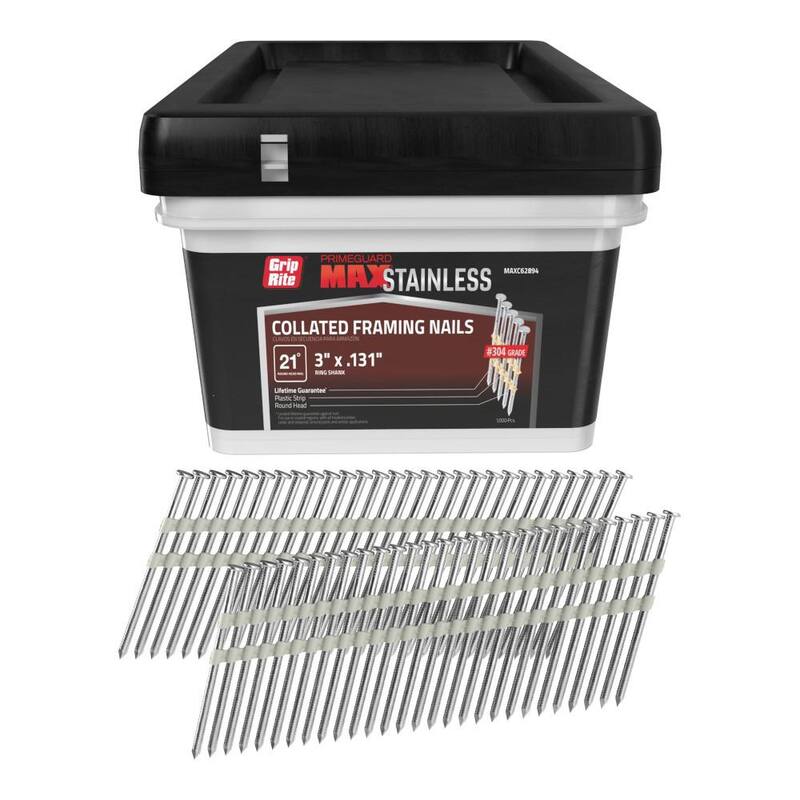 Grip-Rite 3 in. x 0.131 in. 21° Plastic Collated 304 Stainless Steel Round checkered Head Ring Shank Framing Nails 1000 per Box - MAXC62894