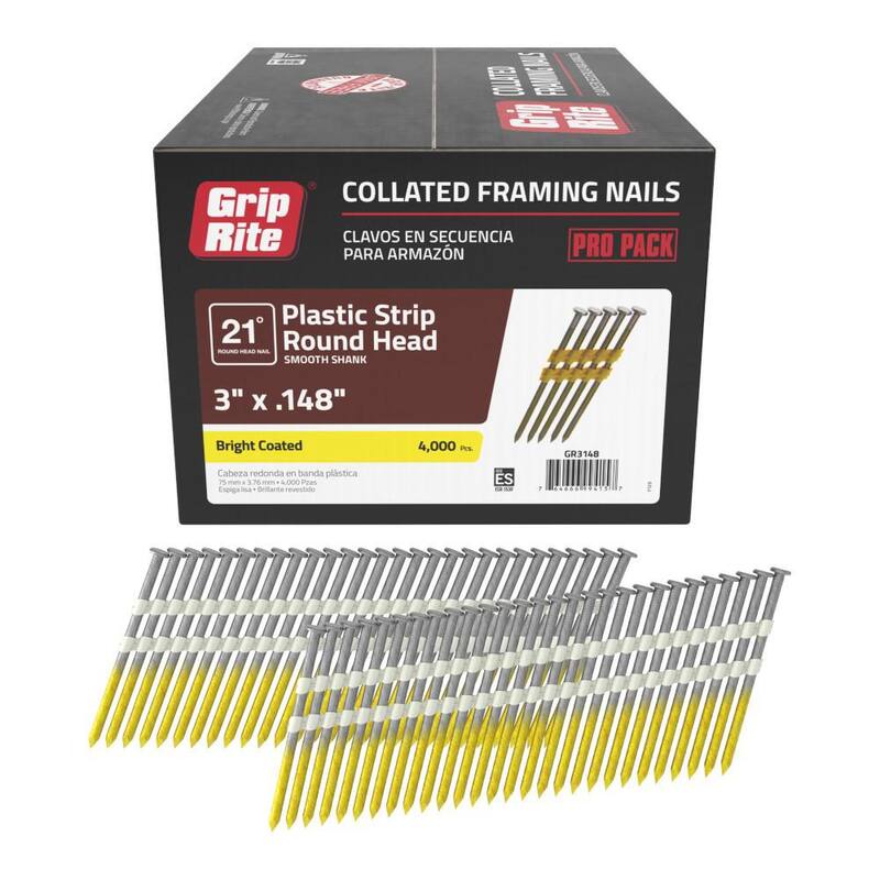 Grip-Rite 3 in. x 0.148 in. 21° Plastic Collated Bright Coated Smooth Shank Round Head Framing Nails 4000 per Box - GR3148