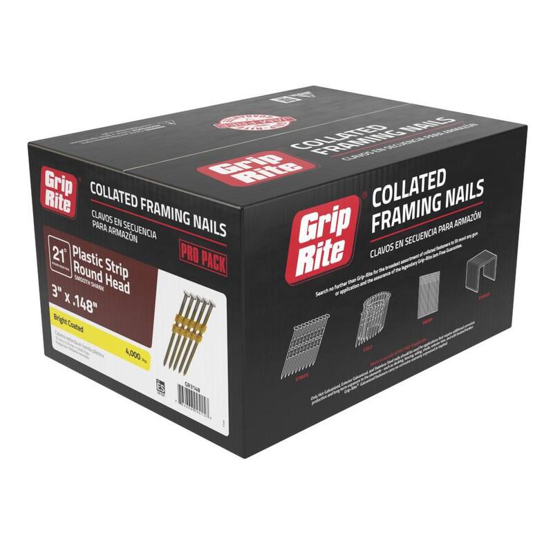 Grip-Rite 3 in. x 0.148 in. 21° Plastic Collated Bright Coated Smooth Shank Round Head Framing Nails 4000 per Box - GR3148