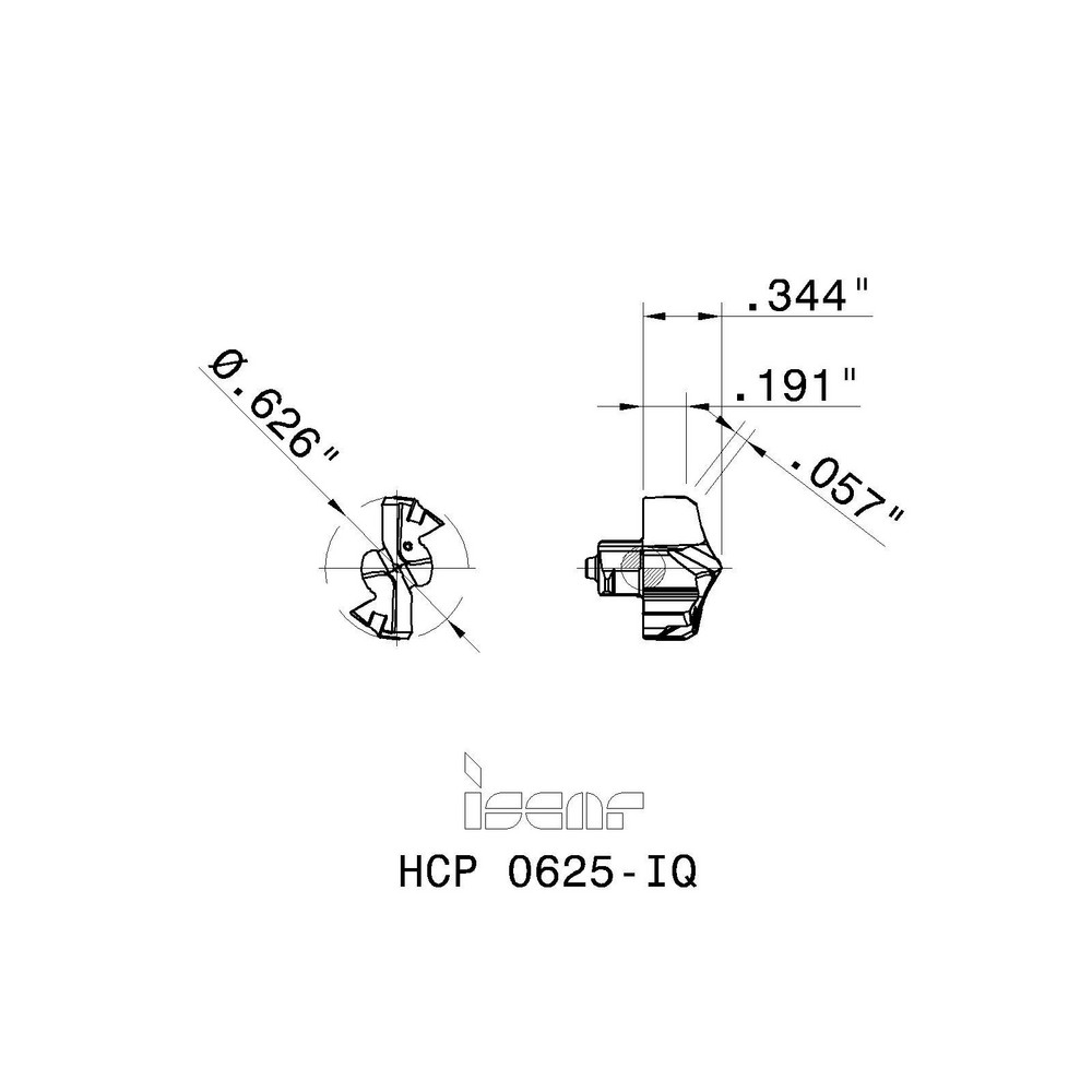 Iscar Replaceable Drill Tips: HCP0625-IQ IC908, 0.6260" Dia, 15.90 mm Dia, 137 deg Point,  IC908 - 5567984