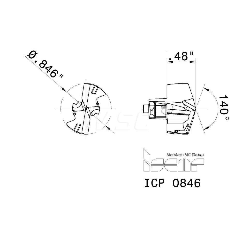 Iscar Replaceable Drill Tips: ICP0846 IC908, 0.8460" Dia, 21.49 mm Dia, 140 deg Point,  IC908 - 5506650