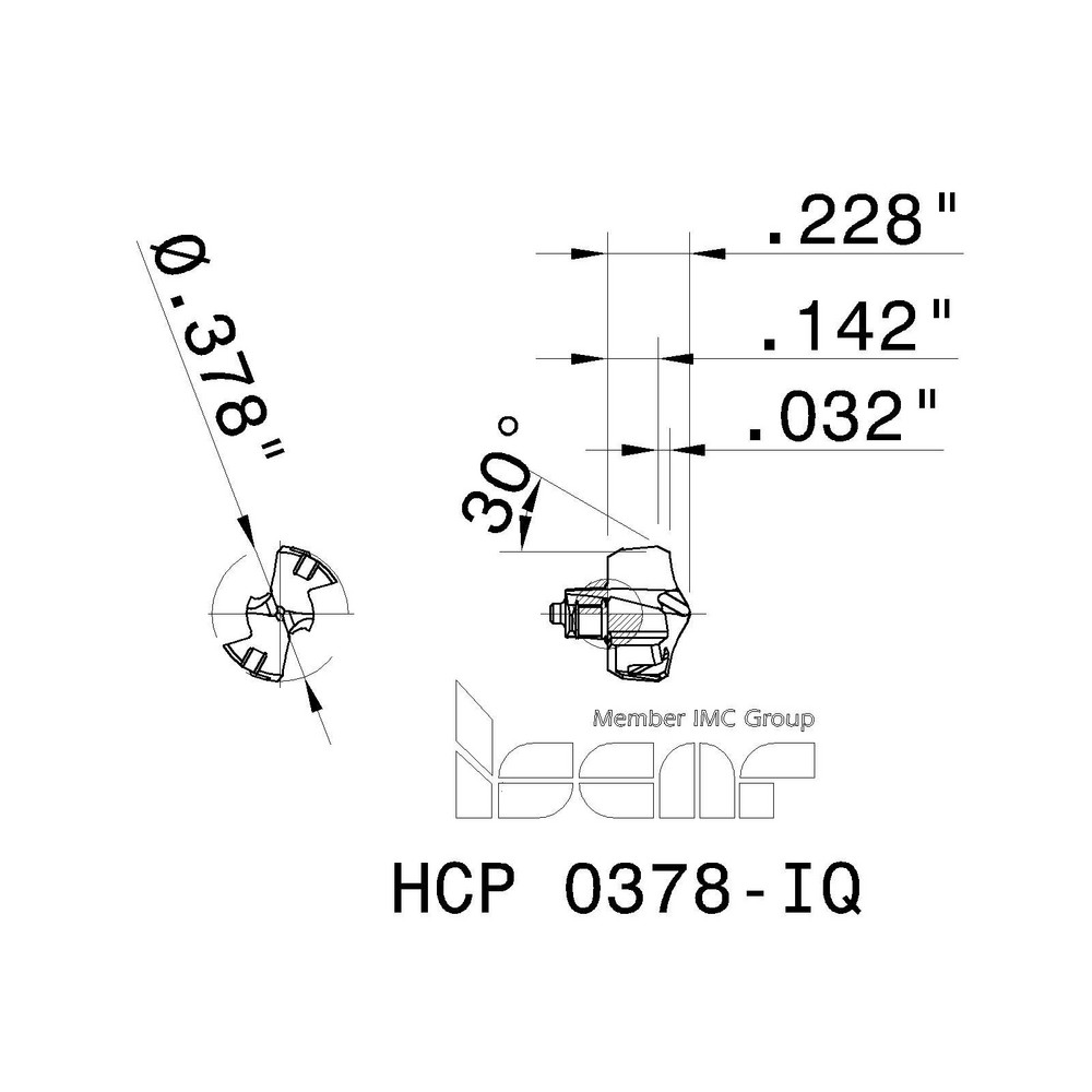 Iscar Replaceable Drill Tips: HCP 0378-IQ IC908, 0.3780" Dia, 9.60 mm Dia, 140 deg Point,  IC908 - 5567935