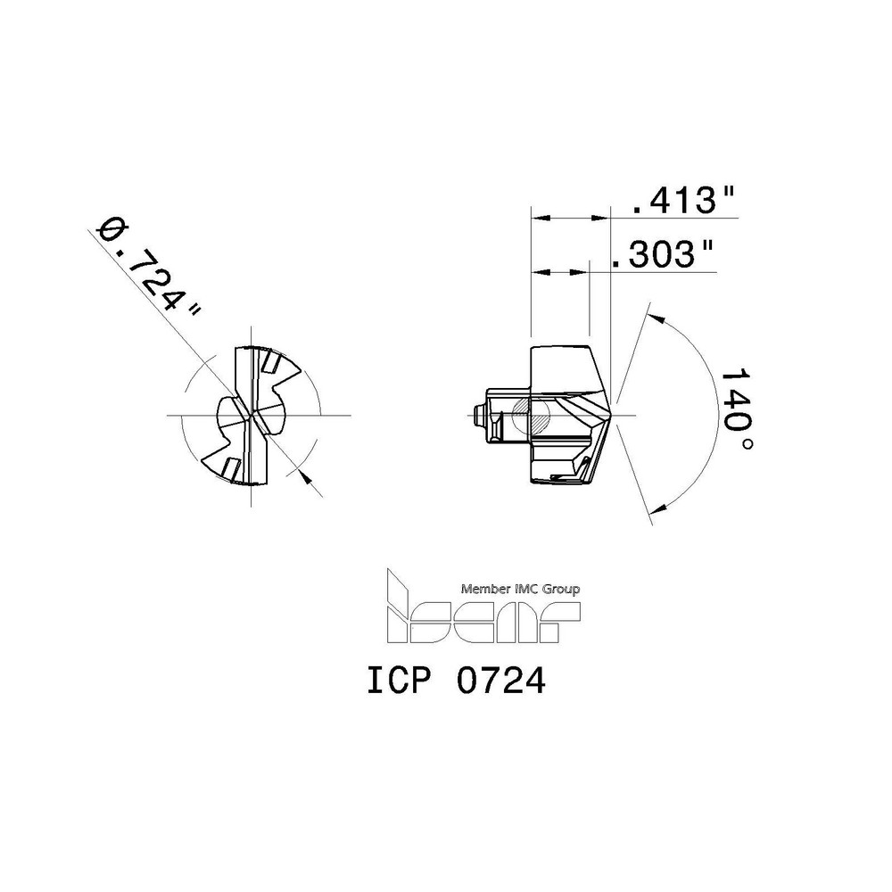 Iscar Replaceable Drill Tips: ICP0724 IC908, 0.7240" Dia, 18.39 mm Dia, 140 deg Point,  IC908 - 5509413