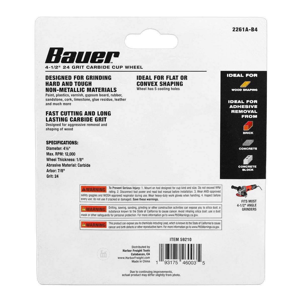 Rueda de copa de carburo Bauer de 4-1/2 pulgadas y grano 24 - 59210