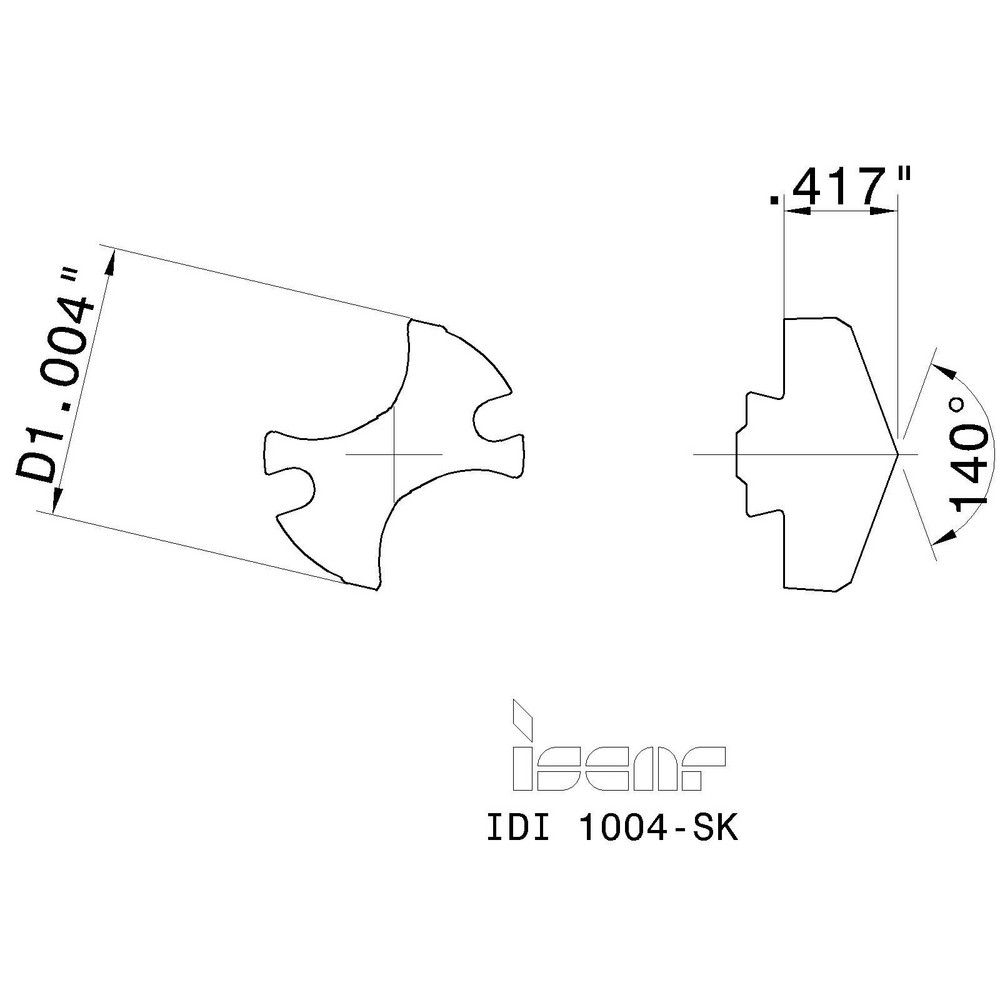 Iscar Replaceable Drill Tips: IDI1004SK IC908, 1.0040" Dia, 25.50 mm Dia, 140 deg Point,  IC908 - 5506202