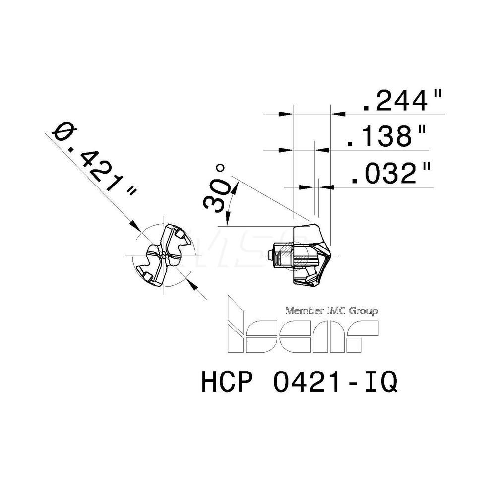 Iscar Replaceable Drill Tips: HCP 0421-IQ IC908, 0.4216" Dia, 10.71 mm Dia, 134 deg Point,  IC908 - 5567943