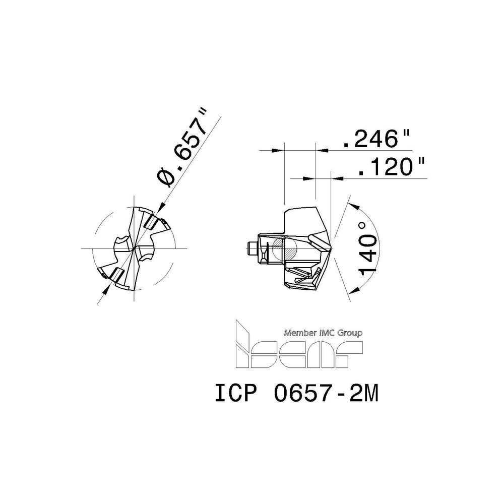Iscar Replaceable Drill Tips: ICP0657-2M IC908, 0.6570" Dia, 16.69 mm Dia, 140 deg Point,  IC908 - 5509618