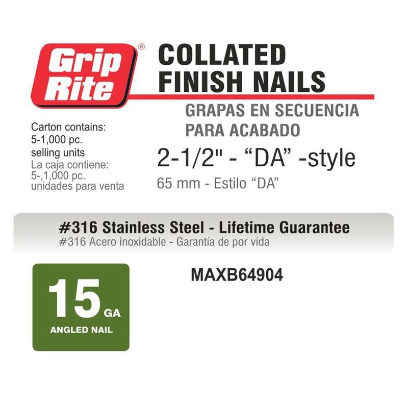 Grip-Rite 2-1/2 in. x 15-Gauge 316 Stainless Steel DA-Style Finish Nails 500 per Box - MAXB64904