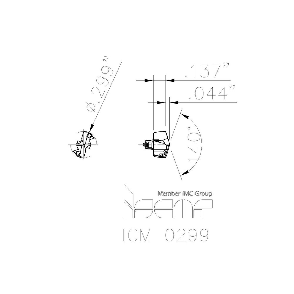 Iscar Replaceable Drill Tips: ICM0299 IC908, 0.2990" Dia, 7.59 mm Dia, 140 deg Point,  IC908 - 5509469