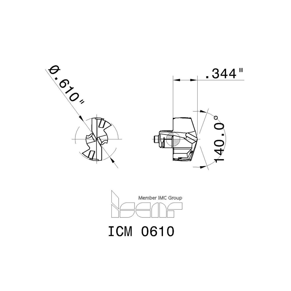 Iscar Replaceable Drill Tips: ICM0610 IC907, 0.6100" Dia, 15.49 mm Dia, 140 deg Point,  IC908 - 5567168
