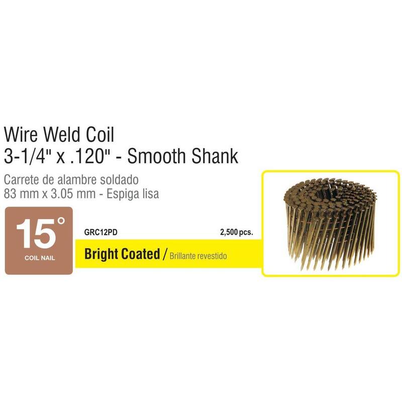 Grip-Rite 3-1/4 in. x 0.120 in. 15° Wire Collated Bright Coated Smooth Shank Coil Framing Nails 2500 per Box - GRC12PD