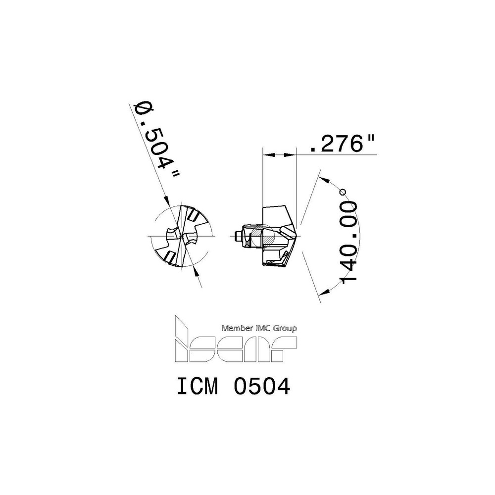 Iscar Replaceable Drill Tips: ICM0504 IC908, 0.5040" Dia, 12.80 mm Dia, 140 deg Point,  IC908 - 5508392