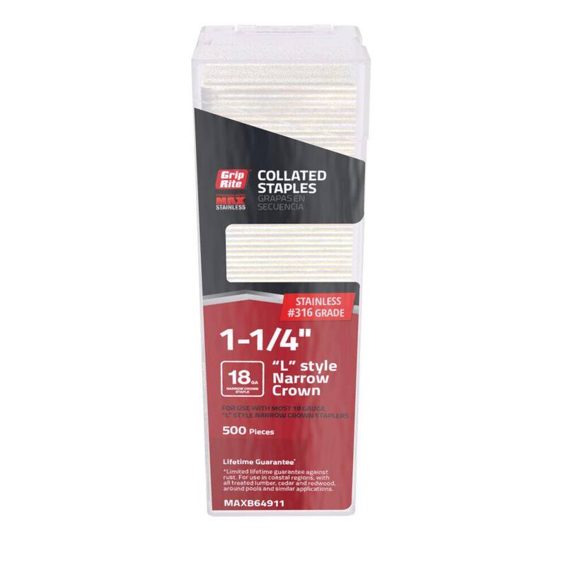 Grip-Rite 1-1/4 in. x 18-Gauge Adhesive Collated 304 Stainless Steel L-Style Narrow Crown Staples 500 per Box - MAXB64911