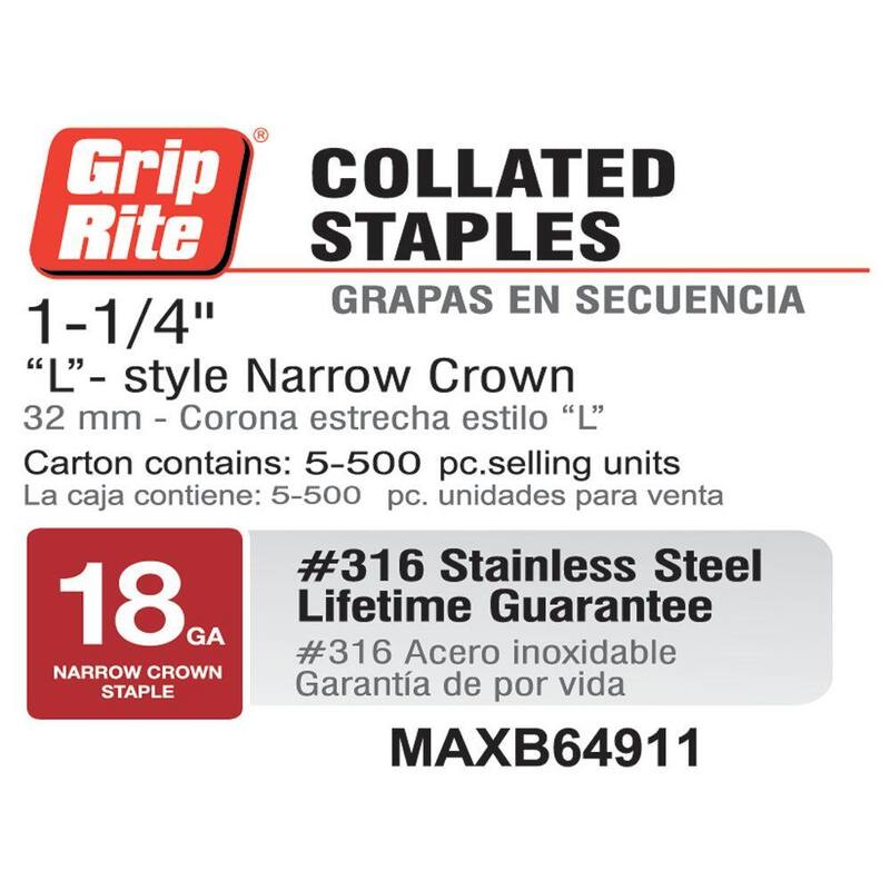 Grip-Rite 1-1/4 in. x 18-Gauge Adhesive Collated 304 Stainless Steel L-Style Narrow Crown Staples 500 per Box - MAXB64911