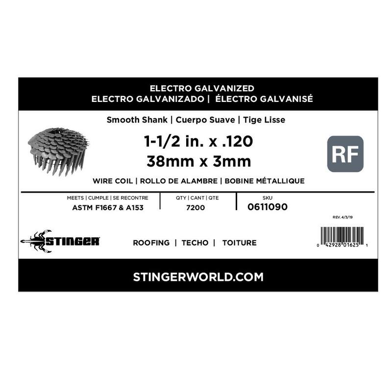 Stinger 1-1/2 in. x 0.120-Gauge Electro Galvanized Smooth Shank Wire Coil Roofing Nails (7200 Per Box) - 0611090