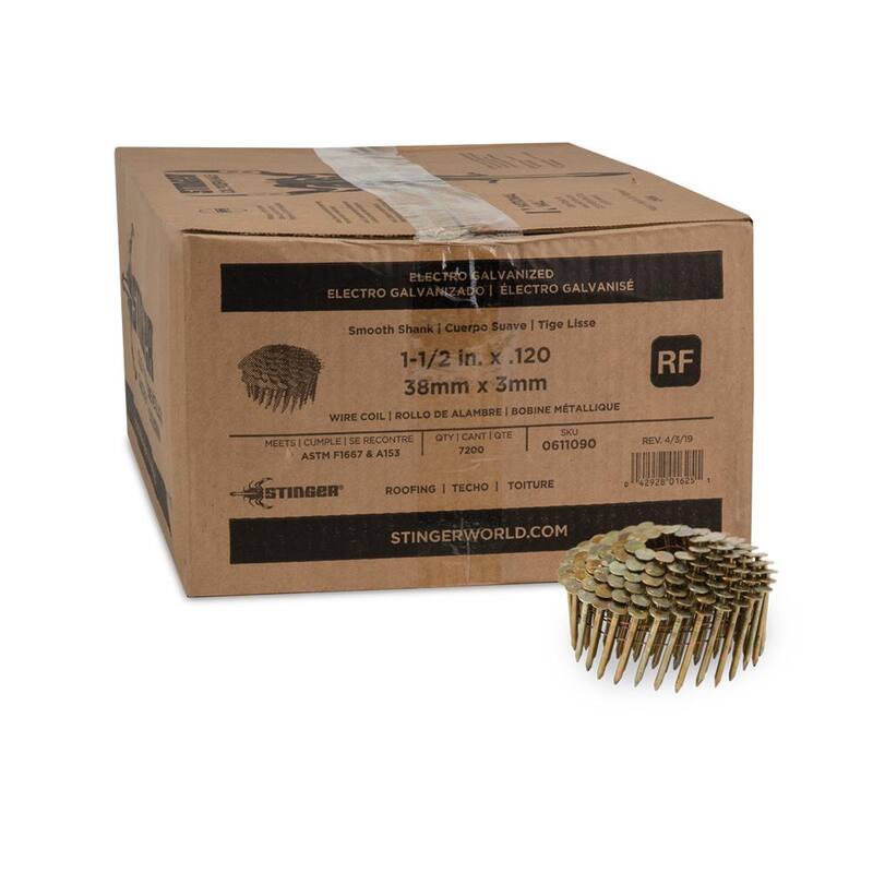 Stinger 1-1/2 in. x 0.120-Gauge Electro Galvanized Smooth Shank Wire Coil Roofing Nails (7200 Per Box) - 0611090