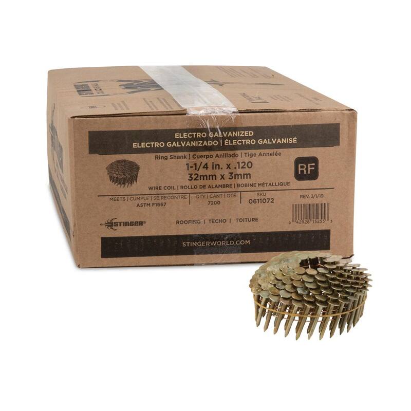 Stinger 1-1/4 in. x 0.120 in. 11-Gauge Electrogalvanized Ring Shank Wire Coil Roofing Nails (7200 per Box) - 0611072