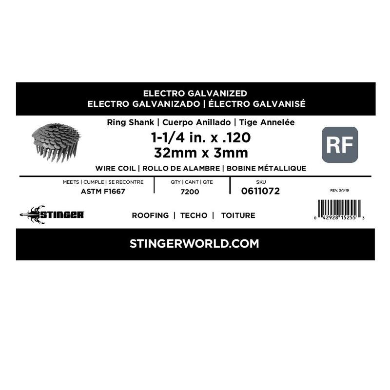 Stinger 1-1/4 in. x 0.120 in. 11-Gauge Electrogalvanized Ring Shank Wire Coil Roofing Nails (7200 per Box) - 0611072