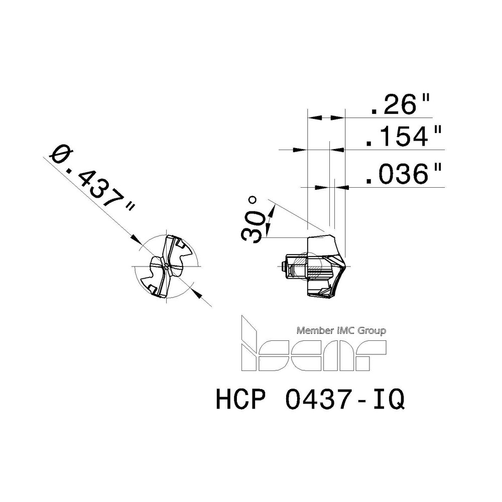 Iscar Replaceable Drill Tips: HCP0437-IQ IC908, 0.4373" Dia, 11.11 mm Dia, 139 deg Point,  IC908 - 5567946