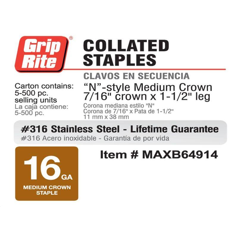 Grip-Rite 7/16 x 1-1/2 in. 16-Gauge 316 Stainless Steel N-Style Medium Crown Staples 500 per Box - MAXB64914