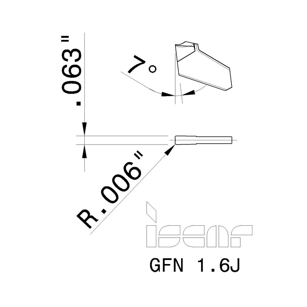 Iscar Cutoff Insert: GFN 1.6J IC-354, Carbide, 1.60 mm Cutting Width, 0.0630" Cutting Width - 6002621