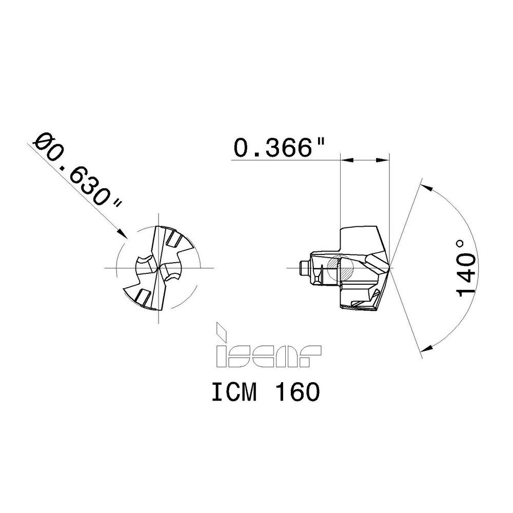 Iscar Replaceable Drill Tips: ICM 0630, 0.6300" Dia, 16.00 mm Dia, 140 deg Point,  IC908 - 5507976
