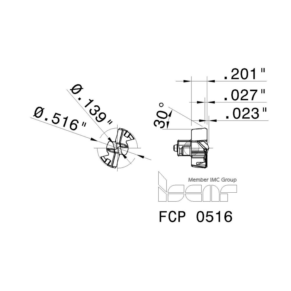 Iscar Replaceable Drill Tips: FCP0516 IC908, 0.5161" Dia, 13.11 mm Dia, 140 deg Point,  IC908 - 5568110