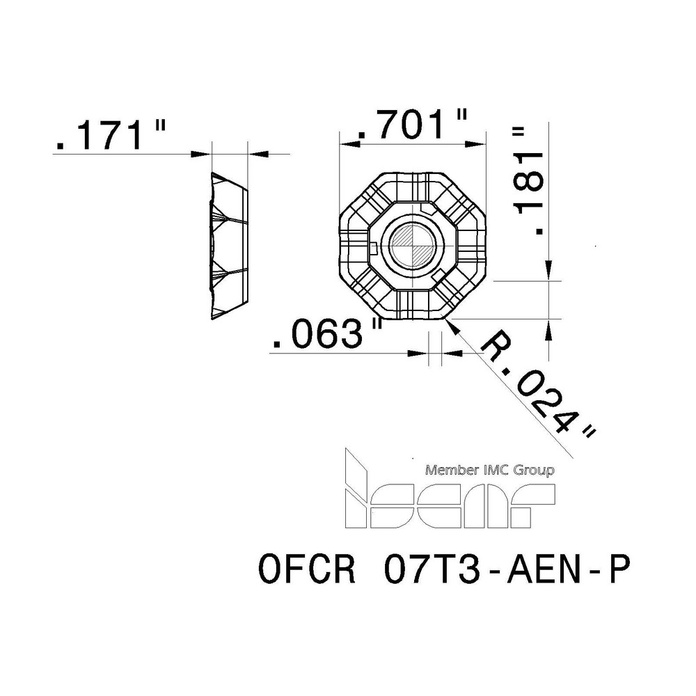 Iscar Milling Insert: ANSI OFCR 07T3-AEN-P IC28, ISO OFCR 07T3-AEN-P, IC28, Solid Carbide - 5602068