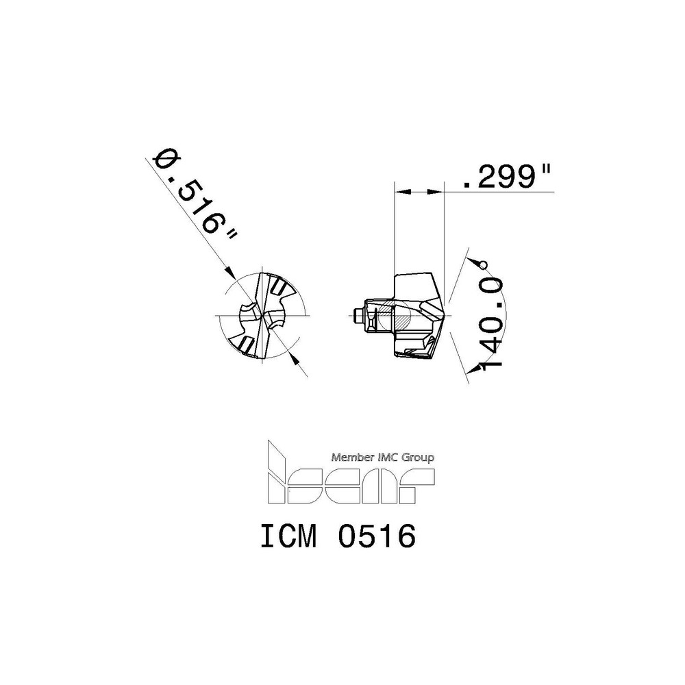 Iscar Replaceable Drill Tips: ICM0516 IC908, 0.5161" Dia, 13.11 mm Dia, 140 deg Point,  IC908 - 5508405