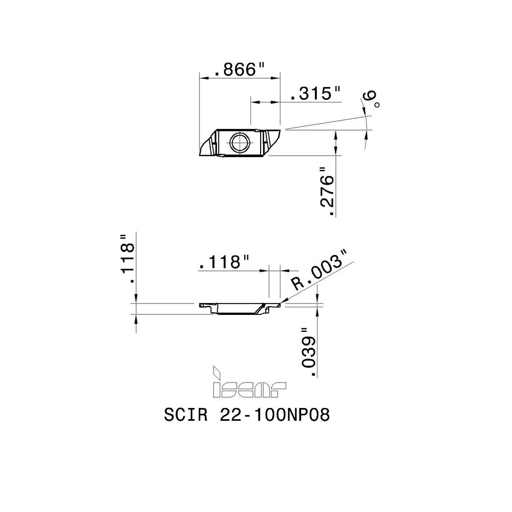 Iscar Cutoff Insert: SCIR22-100NP08 IC1008, Carbide, 1.00 mm Cutting Width, 0.0394" Cutting Width - 6410069