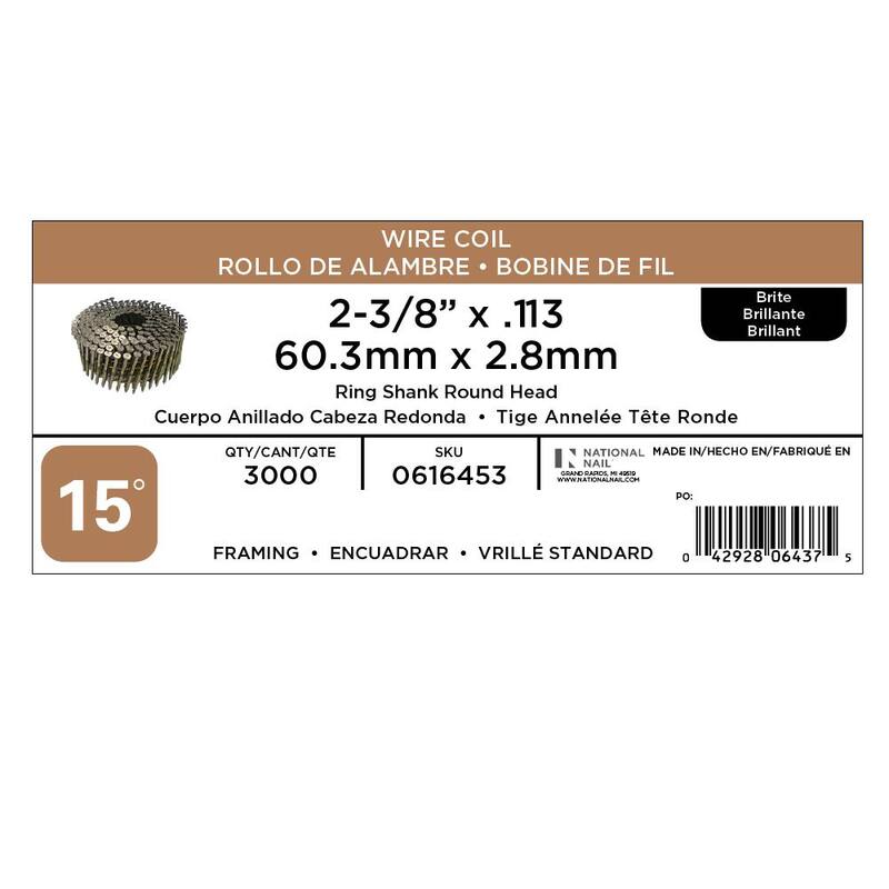 PRO-FIT 2-3/8 in. x 0.113in-Gauge 15° Bright Finish Ring Shank Wire Coil Framing Nails (3000 per Box) - 0616453