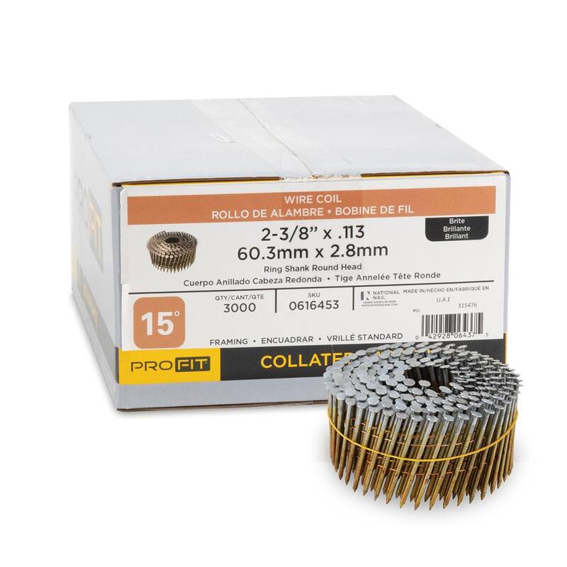 PRO-FIT 2-3/8 in. x 0.113in-Gauge 15° Bright Finish Ring Shank Wire Coil Framing Nails (3000 per Box) - 0616453