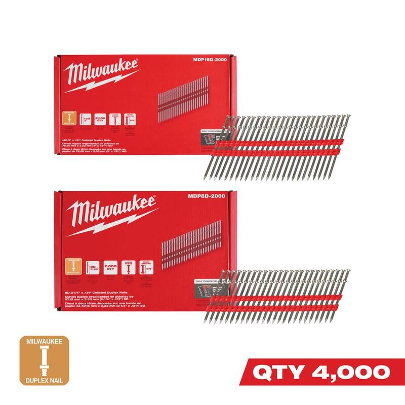 Milwaukee 16D 3 in. x .131 in. and 8D 2-1/4 in. x .131 in. Collated 21-Degree Duplex Nails for M18 FUEL Duplex Nailer (4000-Count) - MDP16D-2000-MDP8D-2000