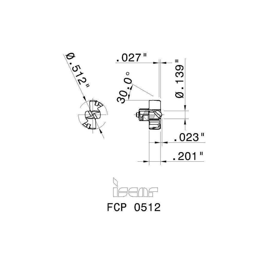 Iscar Replaceable Drill Tips: FCP0512 IC908, 0.5120" Dia, 13.00 mm Dia, 140 deg Point,  IC908 - 5509961