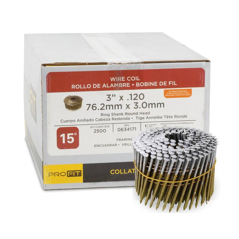 PRO-FIT 3 in. x 0.120 15-Degree Hot Dipped Galvanized Ring Shank Wire Coil Framing Nails (2500 -Per Box) - 0634171