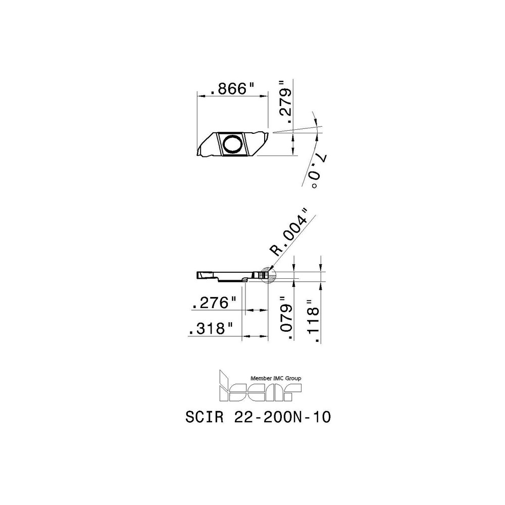 Iscar Cutoff Insert: SCIR22-200N-10 IC1008, Carbide, 2.00 mm Cutting Width, 0.0787" Cutting Width - 6405402
