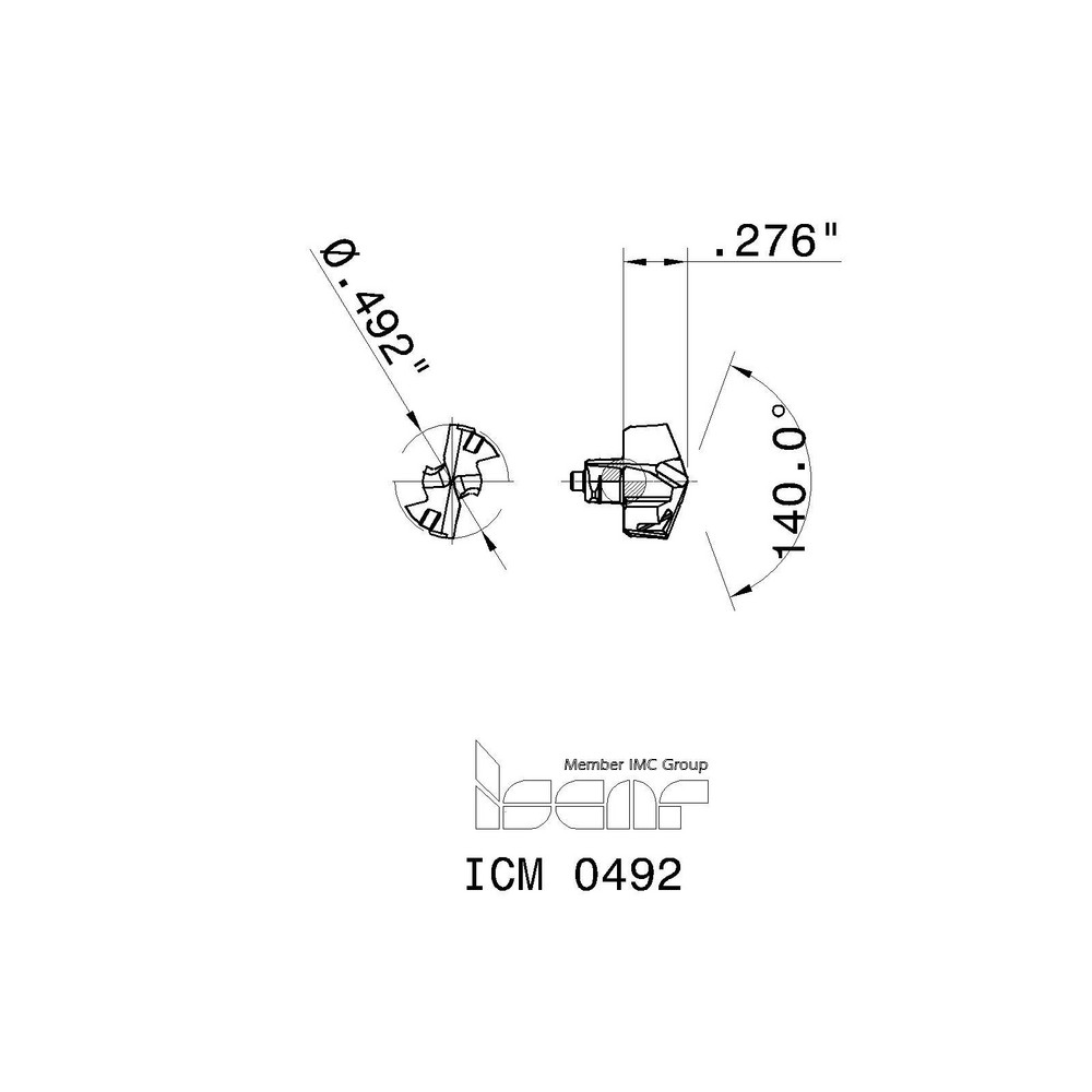 Iscar Replaceable Drill Tips: ICM0492 IC907, 0.4920" Dia, 12.50 mm Dia, 140 deg Point,  IC908 - 5567151
