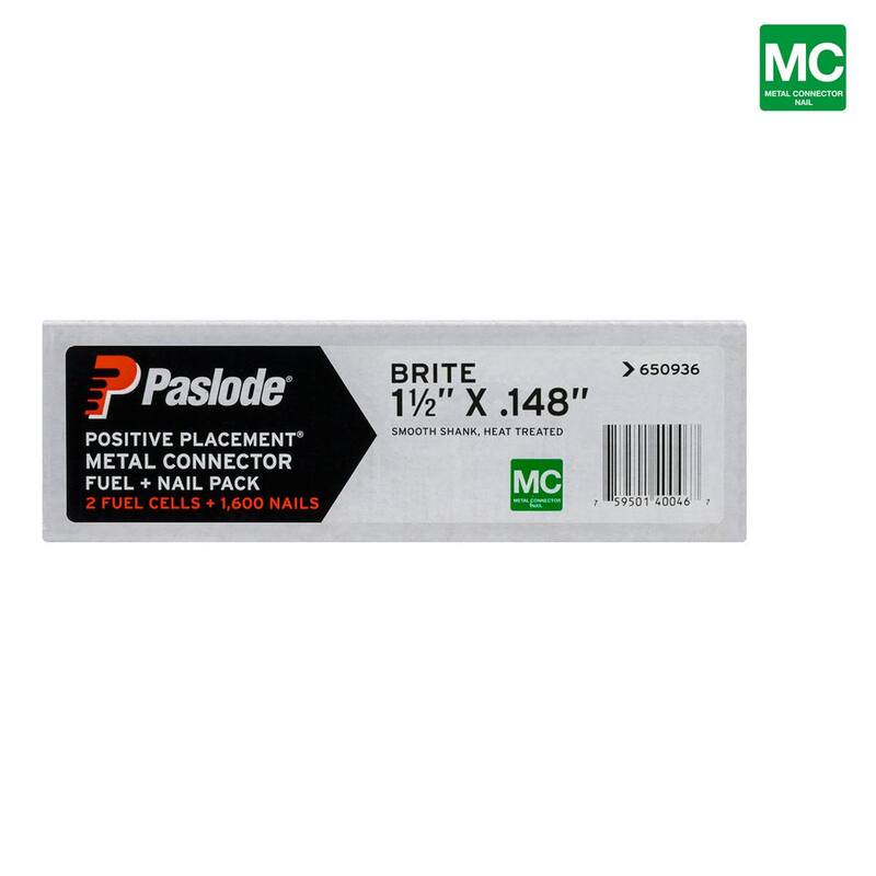 Paslode 1-1/2 in. x 0.148-Gauge 30-Degree Brite Smooth Shank Positive Placement Metal Connector Framing Nail FNP(1600 Nail+Fuel) - 650936