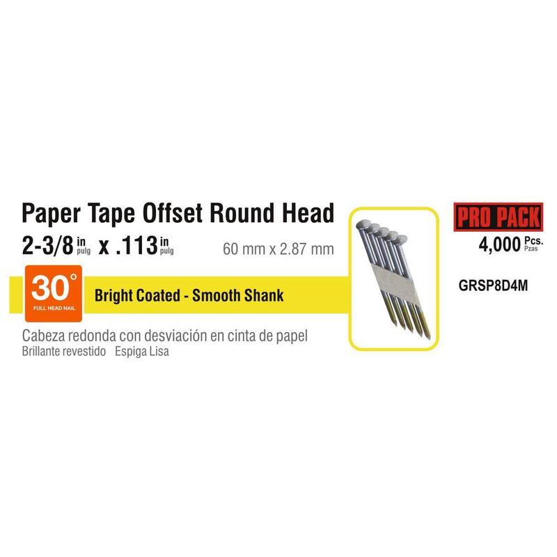Grip-Rite 2-3/8 in. x 0.113 in. 30° Paper Collated Bright Coated Offset Round Head Smooth Shank Framing Nails 4000 per Box - GRSP8D4M