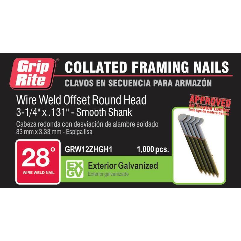 Grip-Rite 3-1/4 in. x 0.131 in. 28° Wire Collated Exterior Galvanized Offset Round Head Smooth Shank Framing Nails 1000 per Box - GRW12ZHGH1