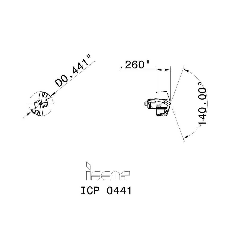 Iscar Replaceable Drill Tips: ICP0441 IC908, 0.4410" Dia, 11.20 mm Dia, 140 deg Point,  IC908 - 5508288