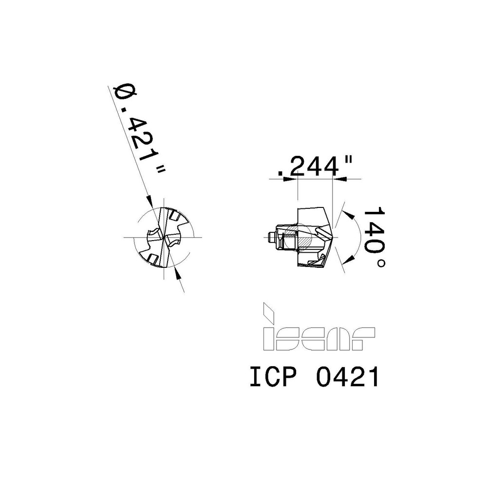 Iscar Replaceable Drill Tips: ICP 0421 IC908, 0.4216" Dia, 10.71 mm Dia, 140 deg Point,  IC908 - 5508265