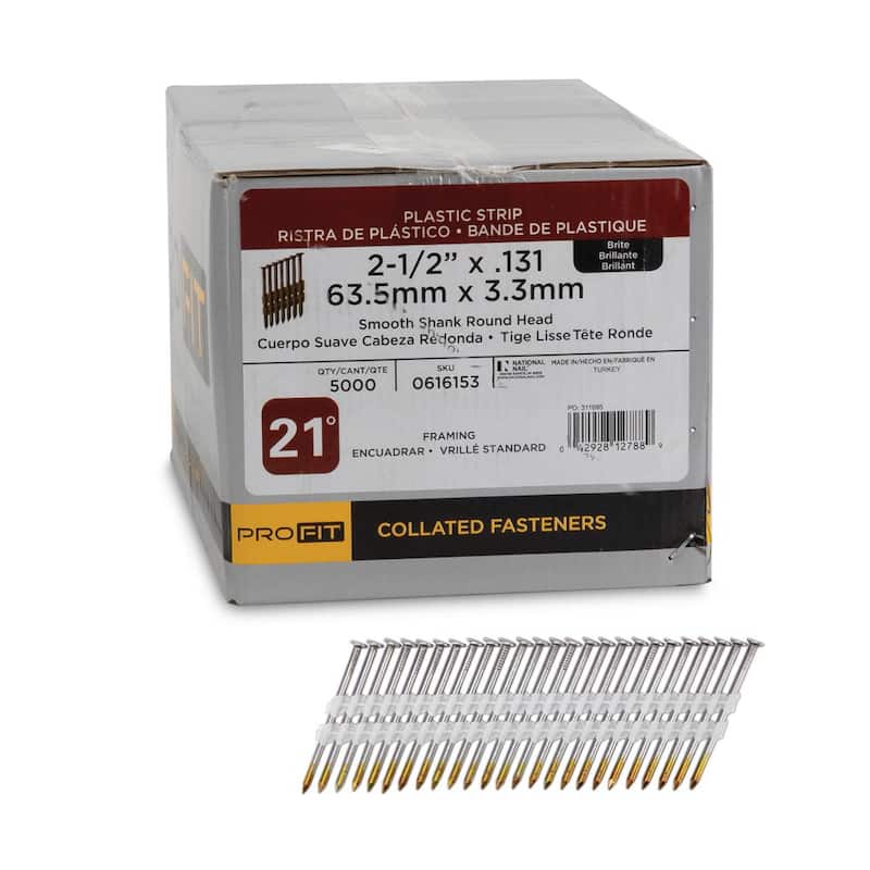 PRO-FIT 2-1/2 in. x 0.131 21-Degree Bright Finish Smooth Shank Plastic Strip Framing Nails (5000 -Per Box) - 0616153